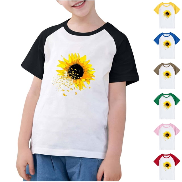 Feancey T-Shirts Graphiques d'Été pour Garçons, Décontractés, à Imprimé Tournesol, Col Ras du Cou, Hauts Raglan à Manches Courtes, T-Shirts Amples pour Enfants, Filles, Bébé, Cadeaux Amusants, Brun, 4 Ans