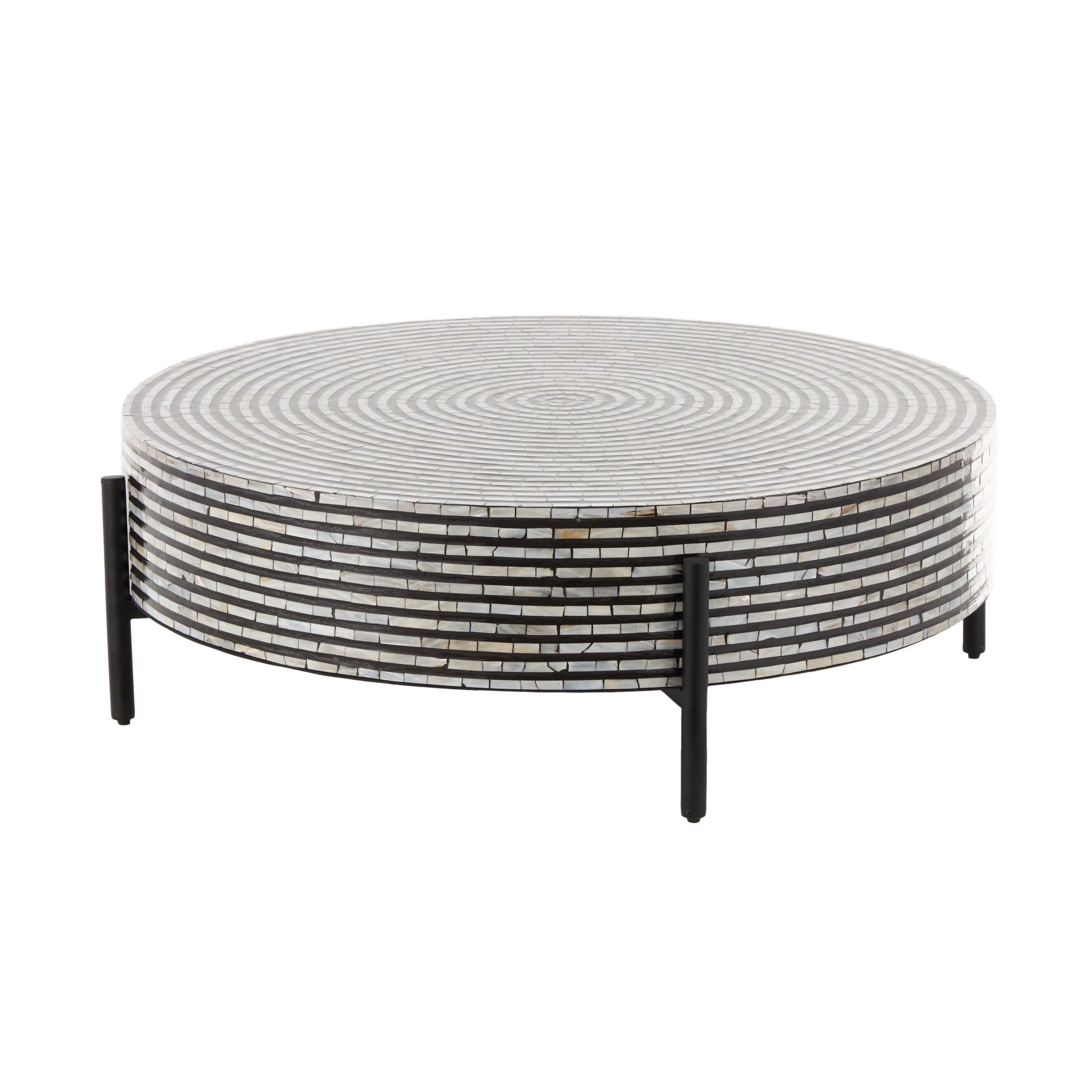 DecMode 38" x 12" Gray Mother of Pearl Shell Handmade Mosaic Inlay Geometric Coffee Table with Black Metal Legs, 1-Piece