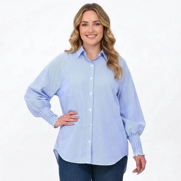 Gingprous Women Striped Button Down Shirt Oversized Long Sleeve Blouse with Smocked Cuffs Pocket
