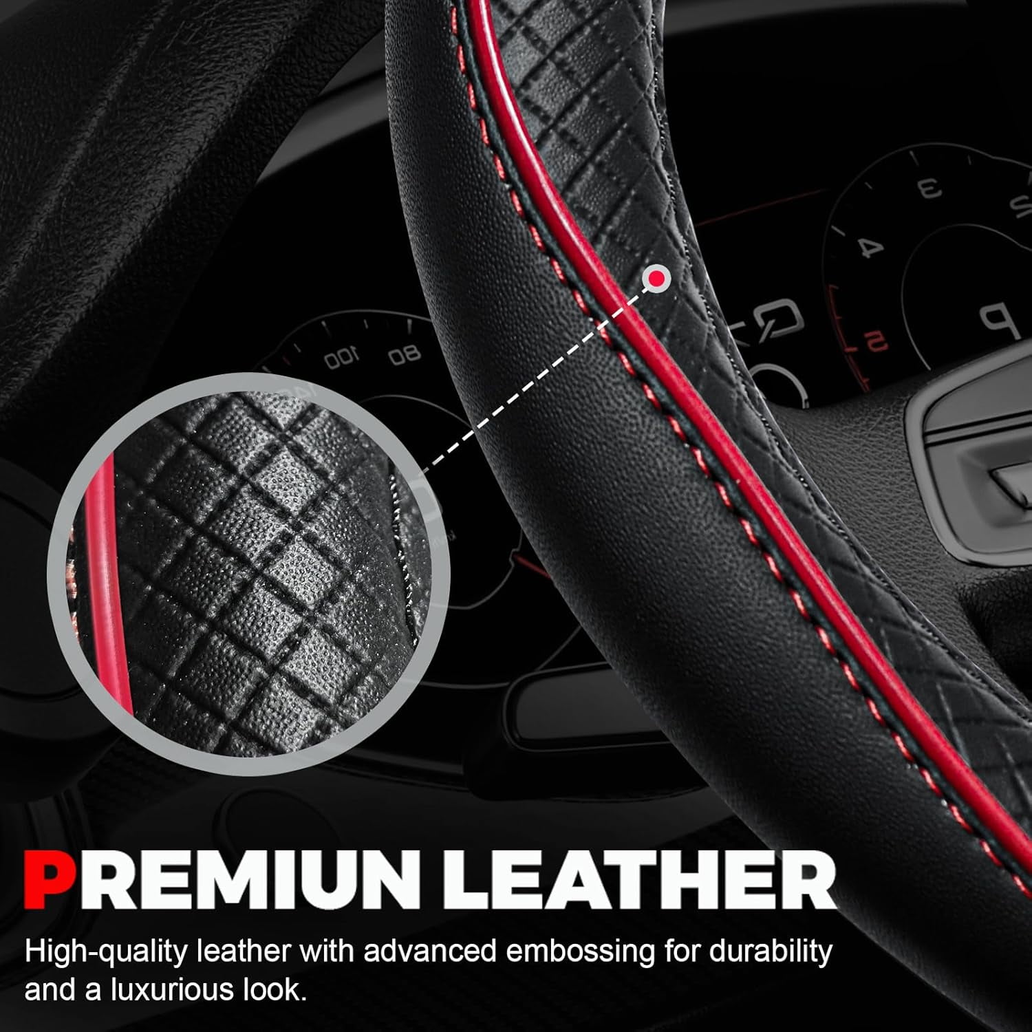 Car Steering Wheel Cover, Microfiber Leather Steering Wheel Covers with Anti-Slip Lining, Universal 14.5-15 Inch Black with Red line