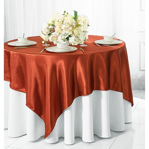 Wedding Linens Inc. 85 inch Square Satin Table Overlay Toppers - Rust