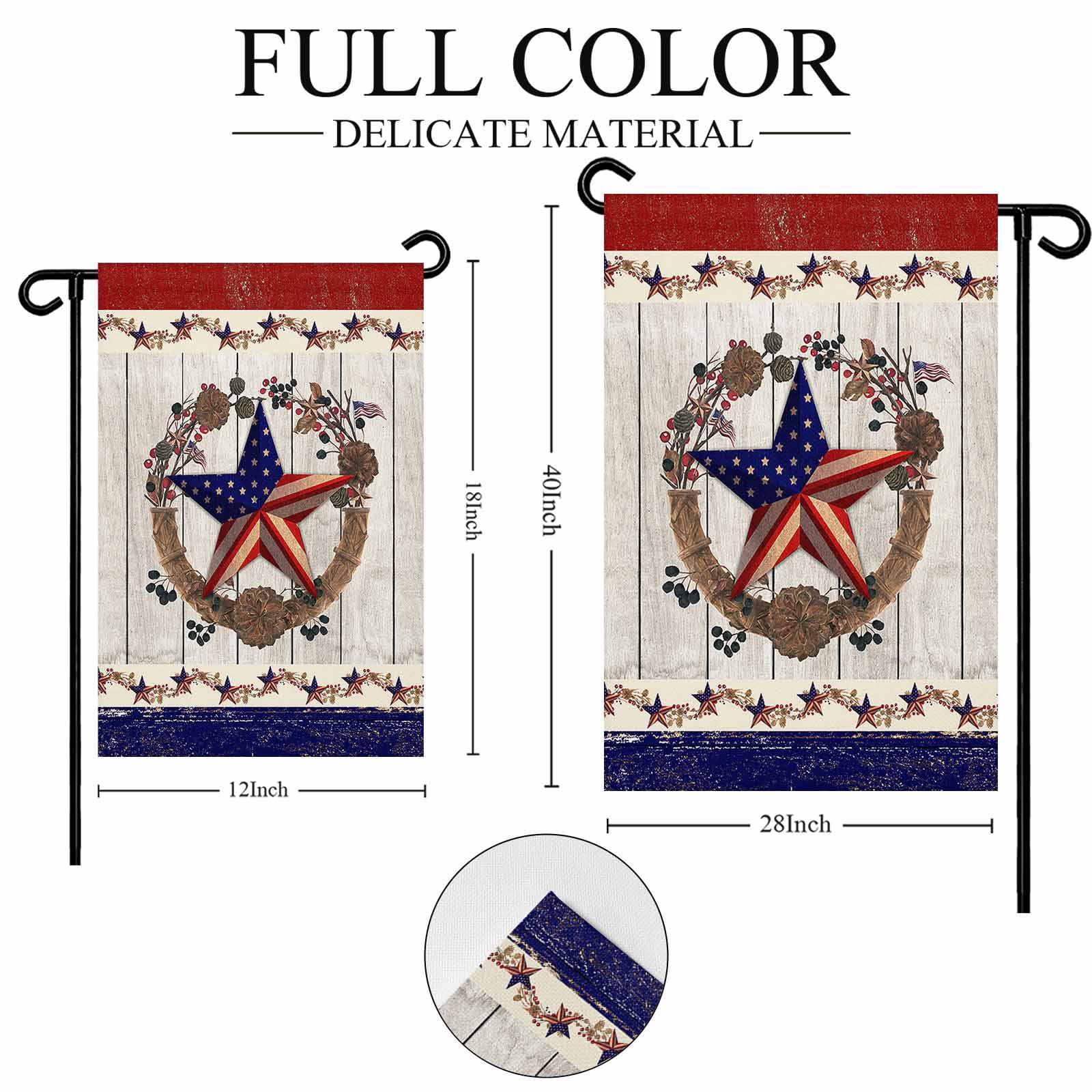 4th of July Garden Flags Texas Stars Wreath Garden Flag Double Sided Welcome Flag Patriotic Star on Rustic Wood Independence Day Yard Flags for Outdoor Lawn Porch Memorial Day Decor 28x40 Inch