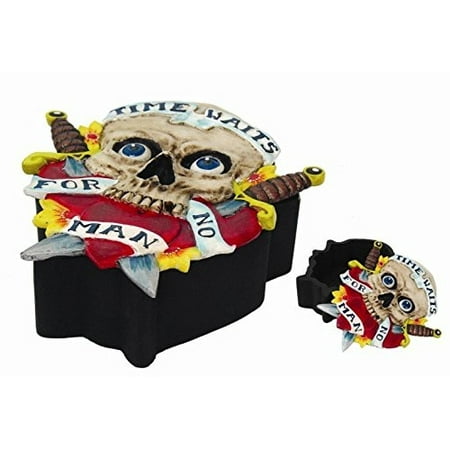Offering Box - PTC Pacific Giftware Time Waits For No Man Tattoo Pattern Stash Candy Jewelry Trinket Offering Box Statue Figurine, 5.75