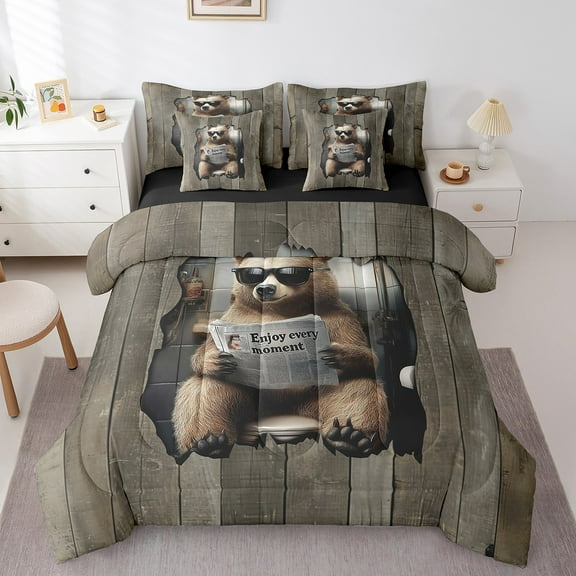 Erosebridal Brown Bear Bedding Sets Twin Size, Wooden Plank Bedding Twin Size, Kawaii Animal Reversible Comforter Sets with Sheets, Lightweight Room Decorative, 7 Pieces