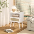 thumbnail image 5 of LELELINKY Mid Century Nightstand with Rattan Accents, Bedside Table with Drawer and Open Shelf, Solid Wood Legs, White New, 5 of 7