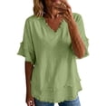thumbnail image 4 of Women's Bohemian Raw Edge Cotton Linen Blend Short Sleeve Tunic Top Loose Fit Casual Blouse Summer Vacation Outfit Lightweight Everyday Wear Green XL, 4 of 9
