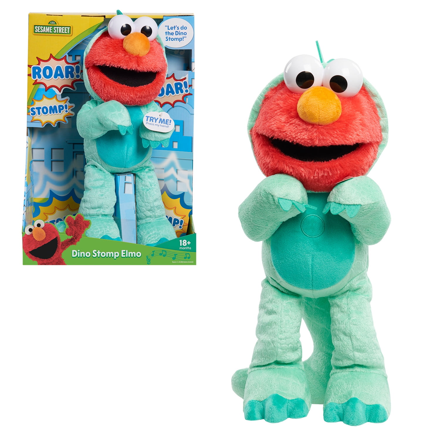 Sesame Street Dino Stomp Elmo 13-Inch Plush Stuffed Animal Sings and Dances, Officially Licensed Kids Toys for Ages 18 Month, Gifts and Presents
