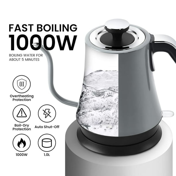 Toytexx 1L Gooseneck Electric Kettle, Stainless Steel, Auto Shut