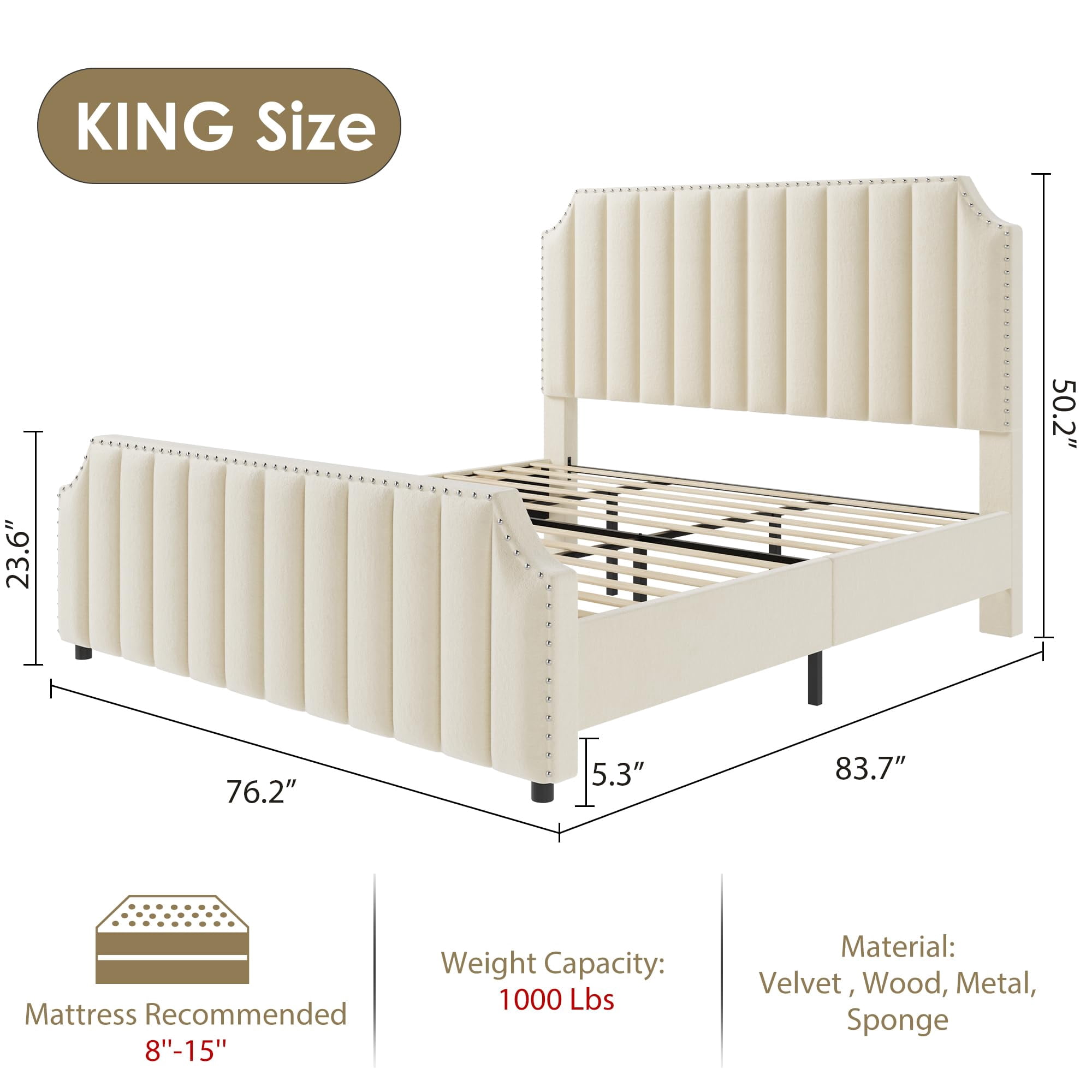 Ataucjin Queen Size Platform Bed Frame with 50.2" Headboard & Footboard,Velvet Upholstered Bed Frame Queen with Vertical Channel Tufted Headboard & Footboard,Nailhead Trim,No Box Spring Needed