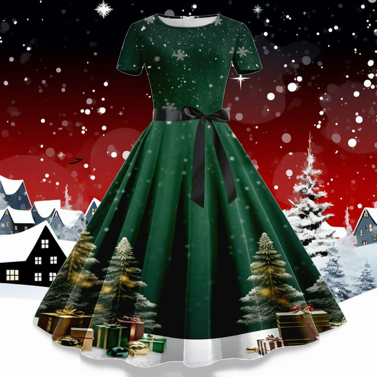 holiday print swing dress Women's Christmas Tea Dress, 1950s Short Sleeve Vintage Print Swing Dress, Retro Holiday Style for Party and Evening Wear