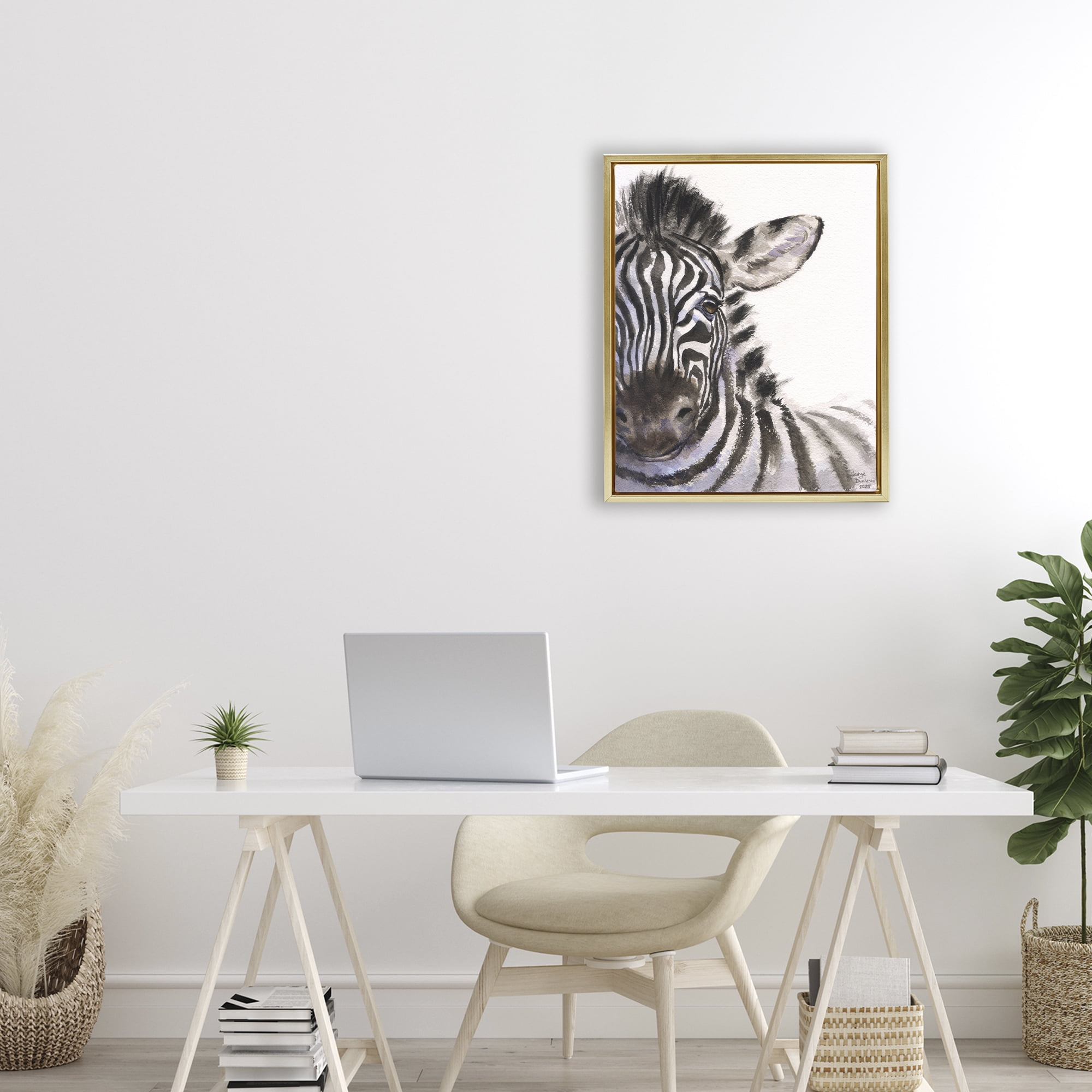 Stupell Industries Zebra Portrait on White Gold Framed Floater Canvas Wall Art, design by George Dyachenko