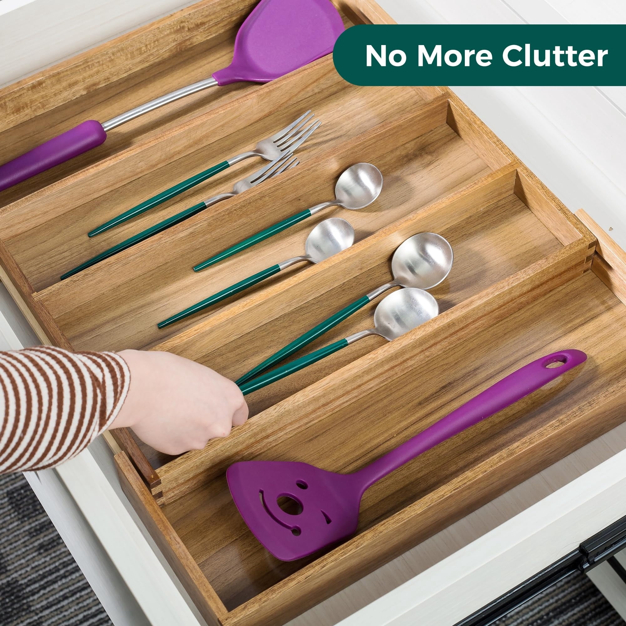 Bamboo Expandable Kitchen Drawer Organizer, Adjustable Utensil Holder and Cutlery Tray Organiser, Drawer Divider for Silverware, Flatware, Knives in Kitchen, Bedroom, Living Room, 5 Slot