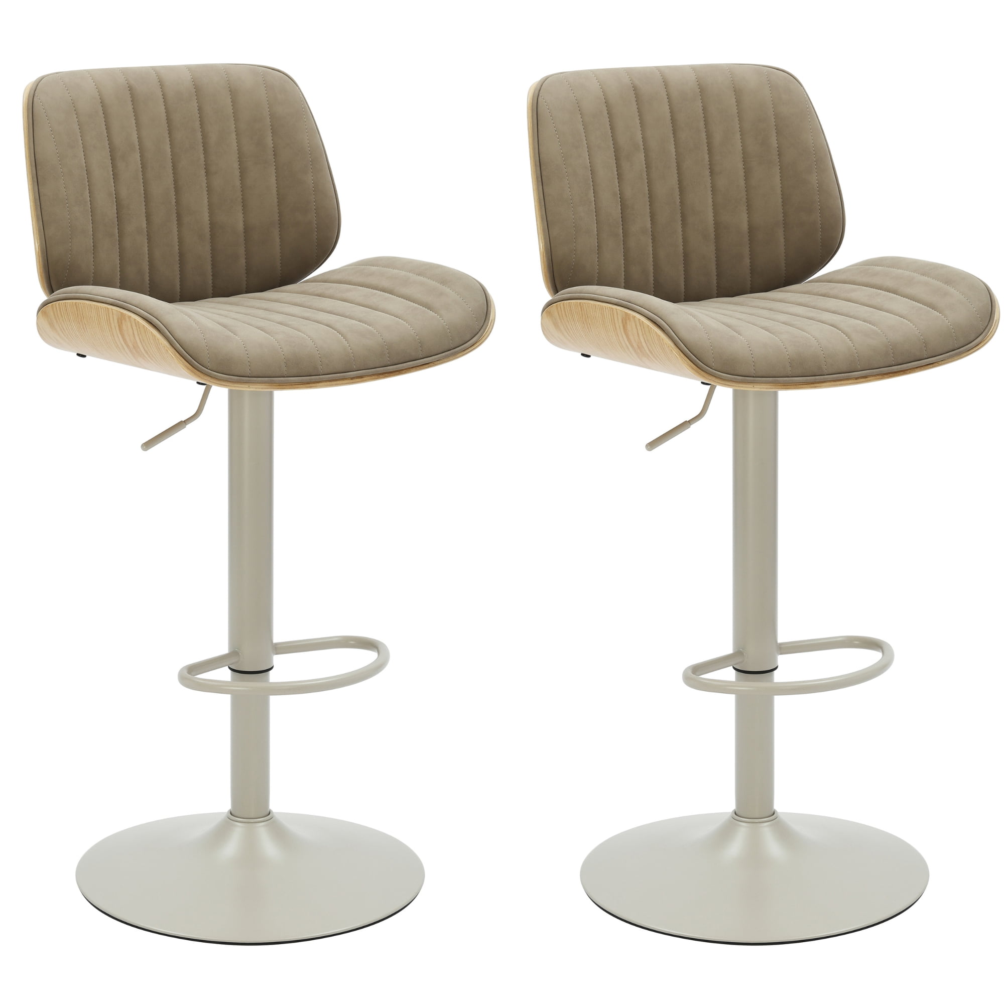Brock Adjustable Swivel Vintage Taupe Curved Back Wood Bar Stool with Faux Leather Seat Set of 2