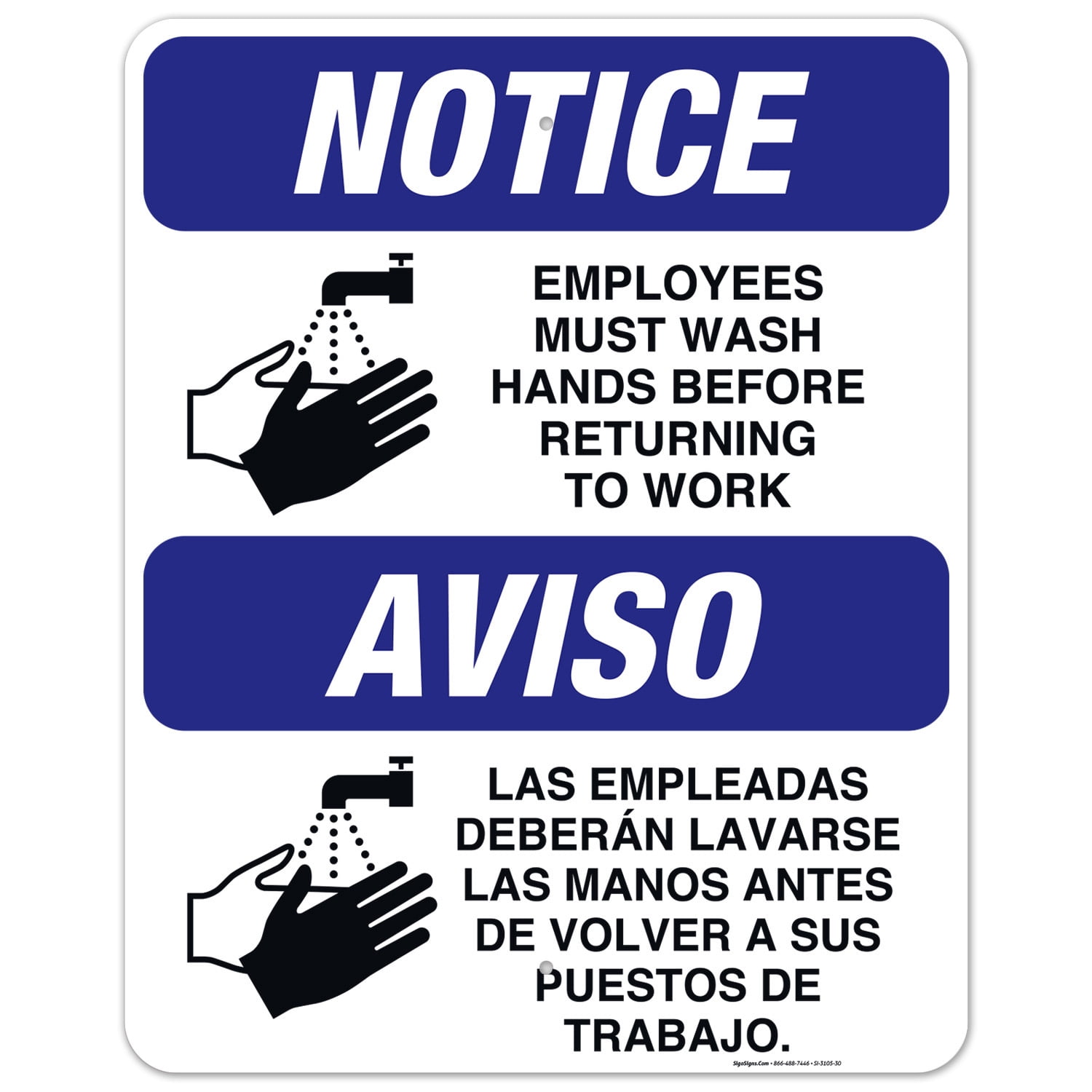 Employees Hand Washing Sign, Bilingual Spanish English, 24x30 Aluminum