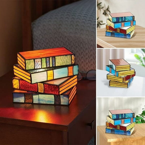 Stained Glass Stacked Books Lamp, Stacked Books Glass Lamp, Handcrafted Glass Nightstand Desk Book Lamps, Reading Nook Lighting Vintage Table Lamp, Tiffany Style Table Lamp Home Decor
