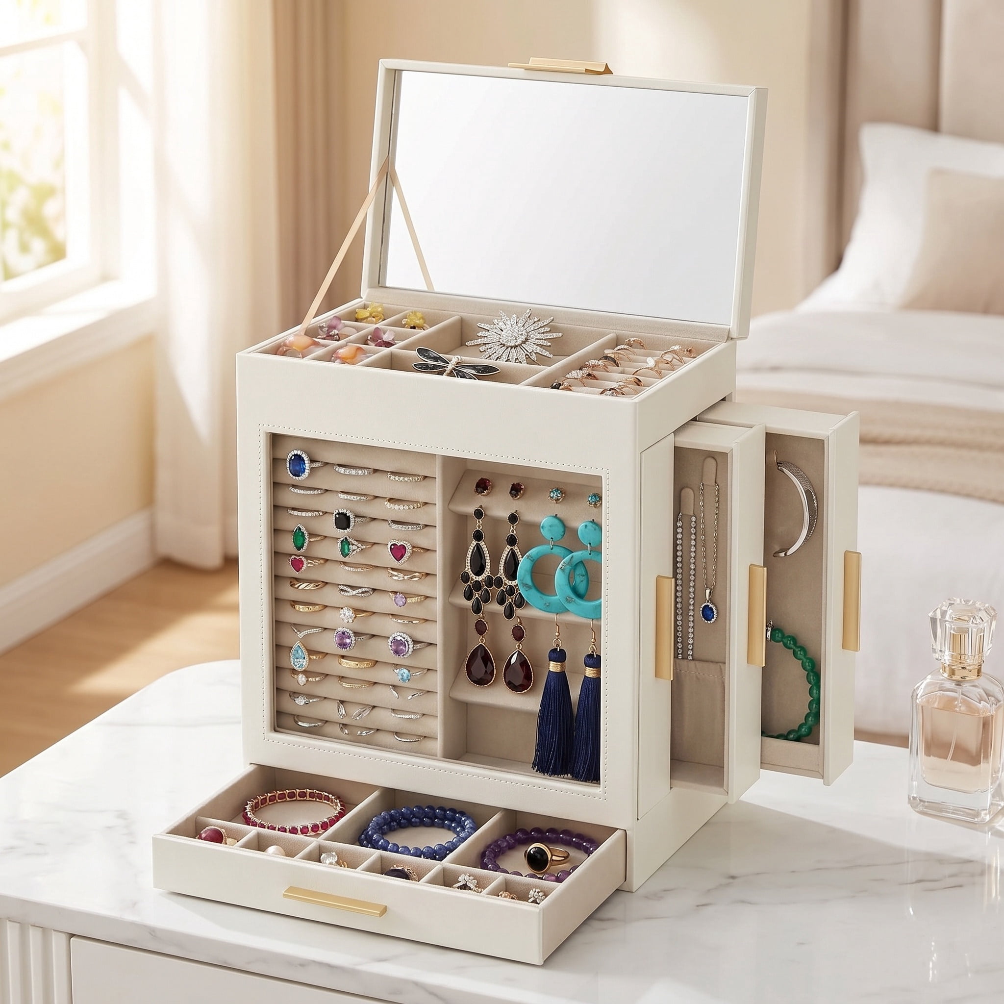 Nordic Hygge5-Layer Modern Jewelry Box with Glass Window & Side Drawers, Cloud White & Gold