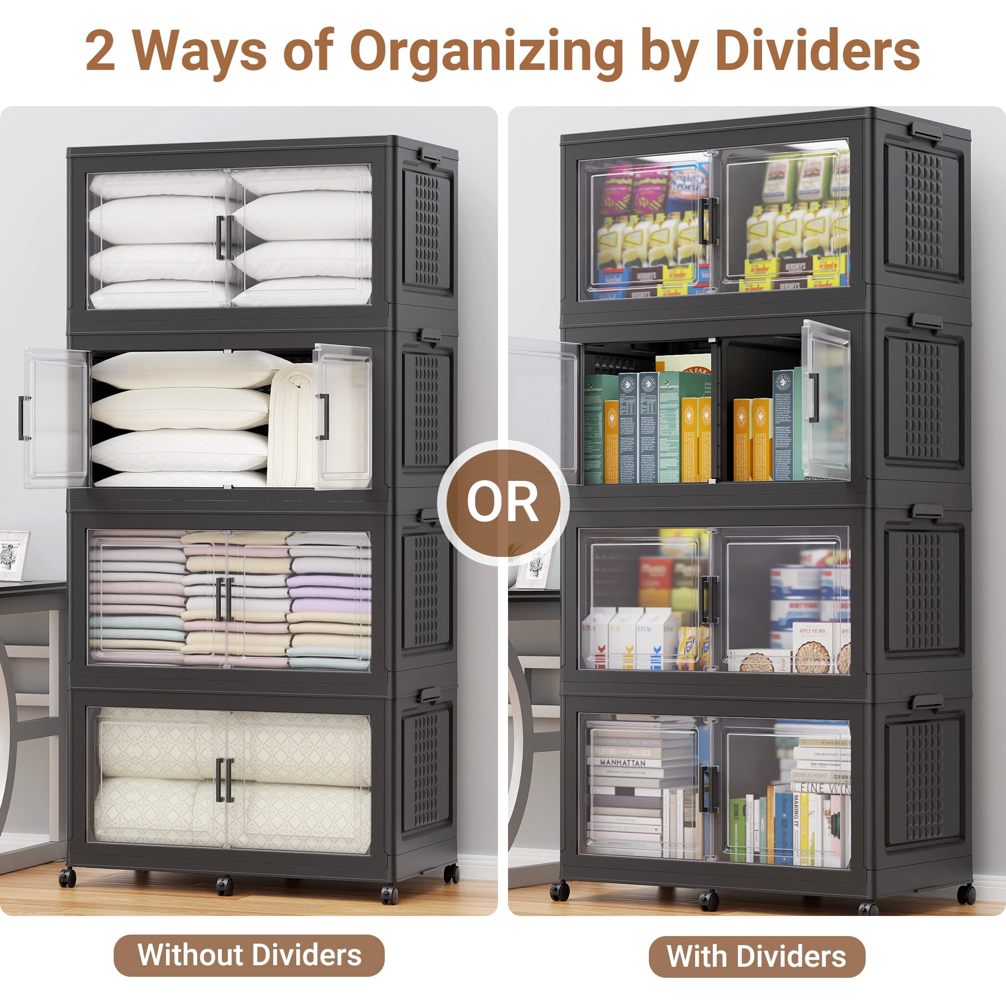 Broview 600QT Stackable Storage Bins with Lid, Wheels & Dividers, Extra Large Collapsible Plastic Closet Organizers Storage Cabinet Box,3Pack Black
