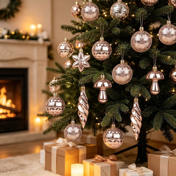 28Pcs Christmas Ball Ornaments, Rose Gold Hanging Spherical Pendants, Shatterproof Tree Decorations for Christmas Tree Home Party Wreath Garland, Holiday Baubles