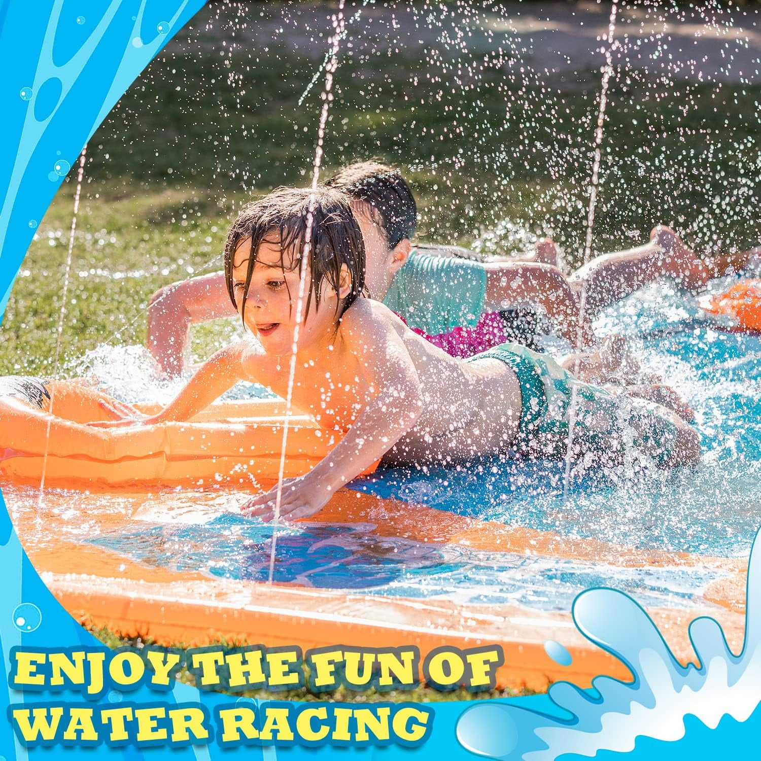 Slip Water Slide, 17ftx7ft Kids Slip Water Slide for Backyard Lawn, 3 Sliding Racing Lanes and 3 Inflatable Bodyboards with Sprinklers, Shark Pattern Outdoor Summer Water Toy