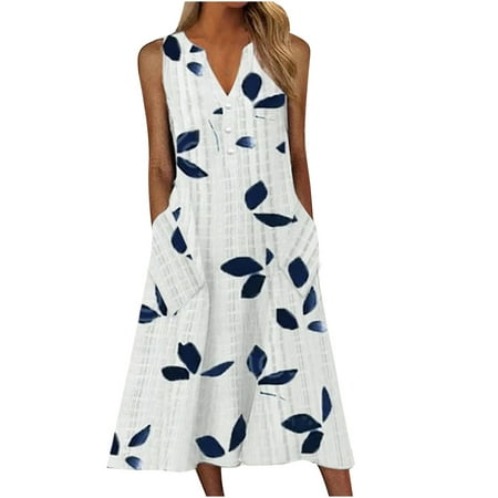 Tank Dress for Women Casual V Neck Leaf Print Button Down Summer Dress Sleeveless Loose Swing Midi Dress with Pockets