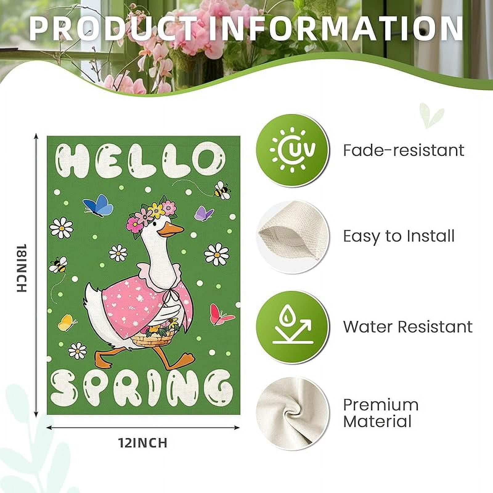 Hello Spring House Flags for Outdoor Decoration, Funny Goose with Flowers Large Yard Flag,Seasonal Decorative Decor for Holiday Summer Outside 28x40 Inch Vertical Double Sided