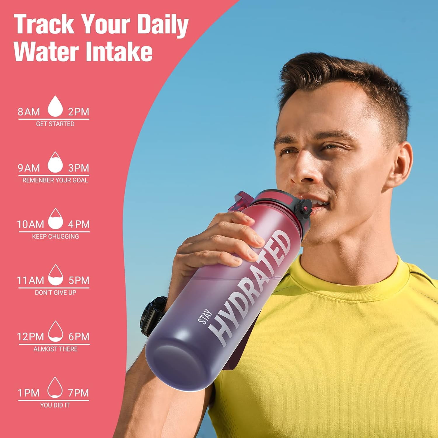 Water Bottle 32oz, Durable and Leakproof Water Bottles Motivational with Time Marker, Tritan, BPA Free, Wide Mouth with Easy Clean Brush for Gym, Travel, Home, School, Office (1 Bottle)