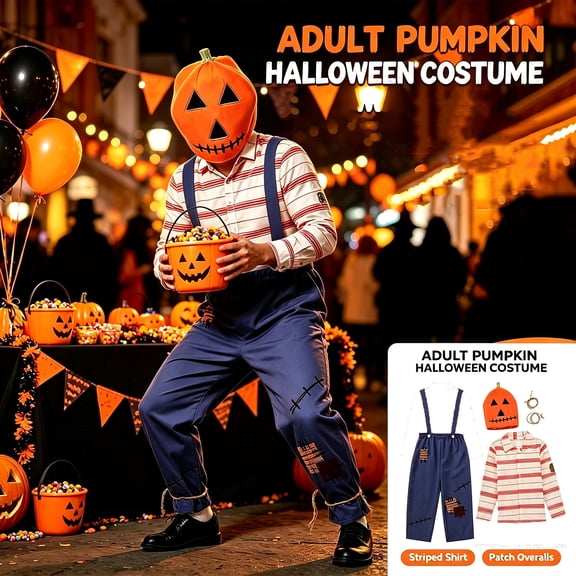 Adult Pumpkin Halloween Costume 3PCS Set with Festive Hat Striped Shirt Patch Overalls for Cosplay Party