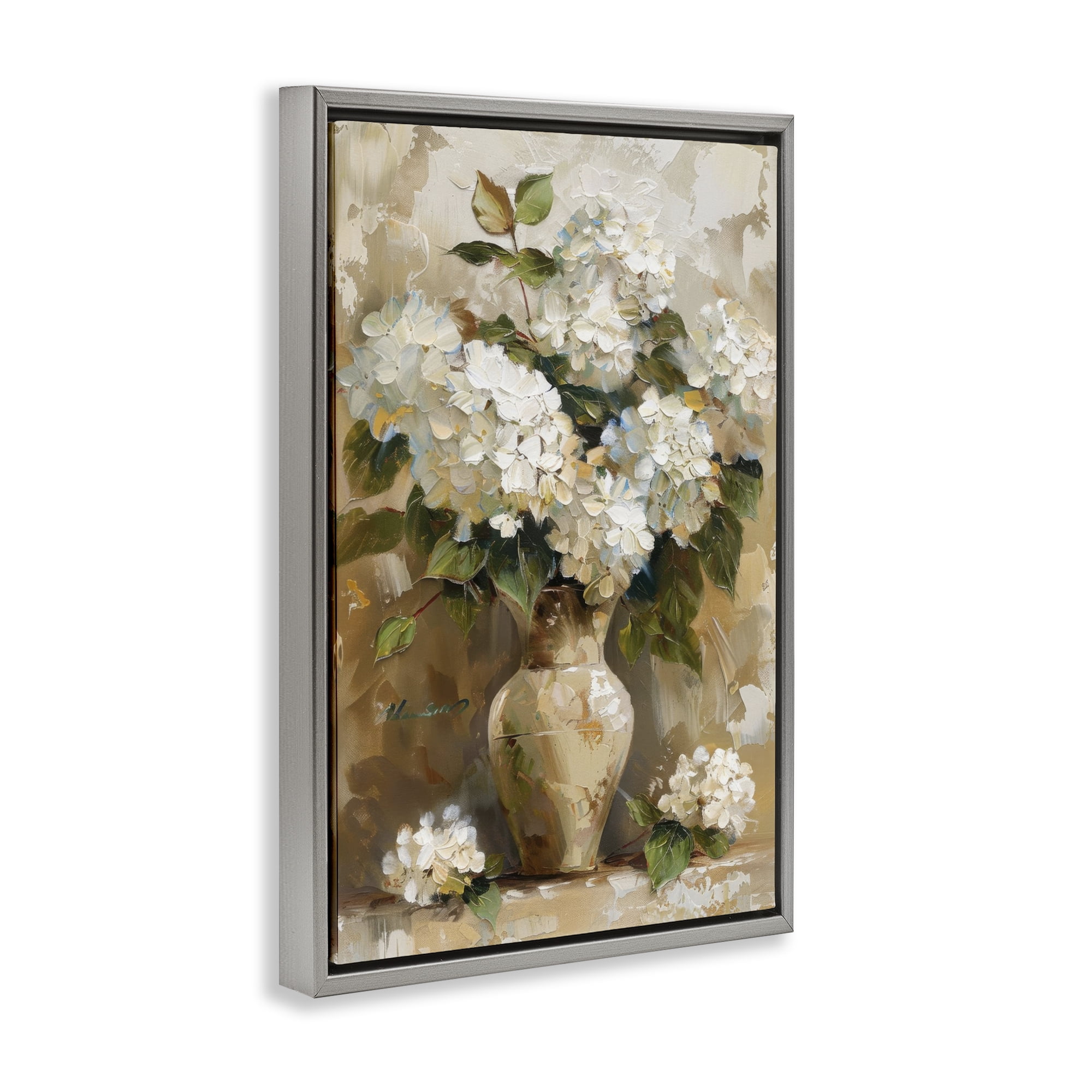 Stupell Industries Vintage White Hydrangeas Plants & Flowers Painting Gray Floater Framed Canvas Art Print Wall Art, 21 x 31