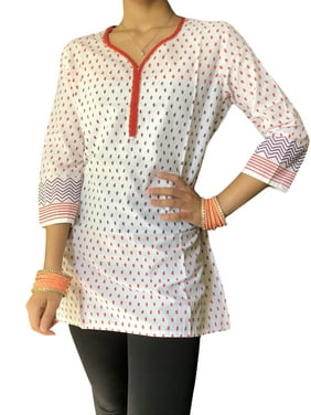 Mogul Women Tunic Blouse Dress, White Simple Floral Printed Cotton Summer Comfy Boho Tunic Tops S