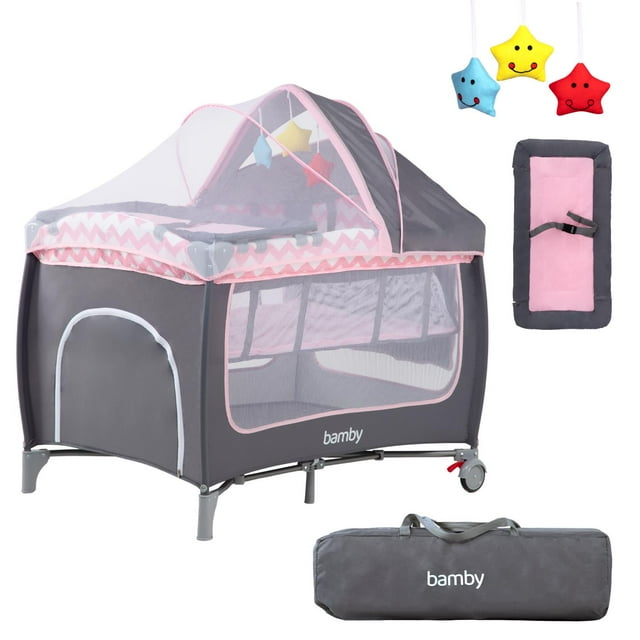 Cuna Para Bebé Corral Portátil Plegable Con Cambiador Gris rosa Grande