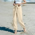 thumbnail image 2 of DeHolifer Women's Linen Pants Drawstring Widet Leg Jogger Pants Travel Casual Summer Beach Trousers with Pockets Beige 2XL, 2 of 4