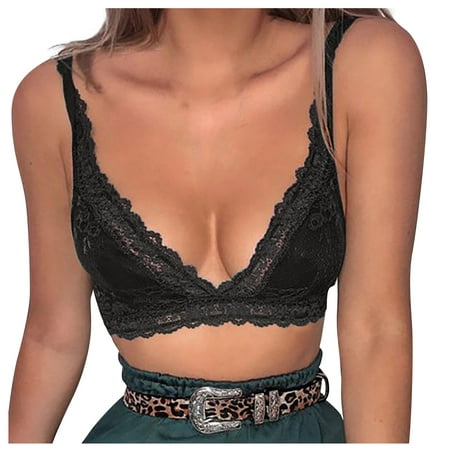 

DNDKILG Unppaded Cami Strap Bra for Women Lace V Neck Bralettes Black XL