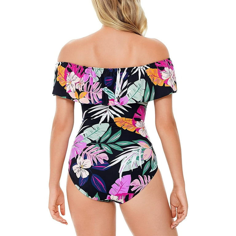 Swim Solutions Womens Deco Printed Off The Shoulder Ruffle Swim Solutions Womens Deco Printed Off The Shoulder Ruffle