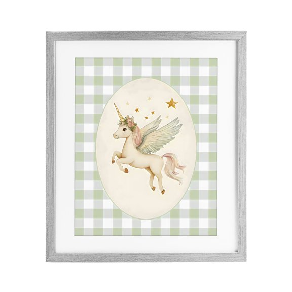 Stupell Industries Cottage Winged Unicorn over Green Gingham Gray Framed Print Under Glass, 17 x 21, by Arlington Prints