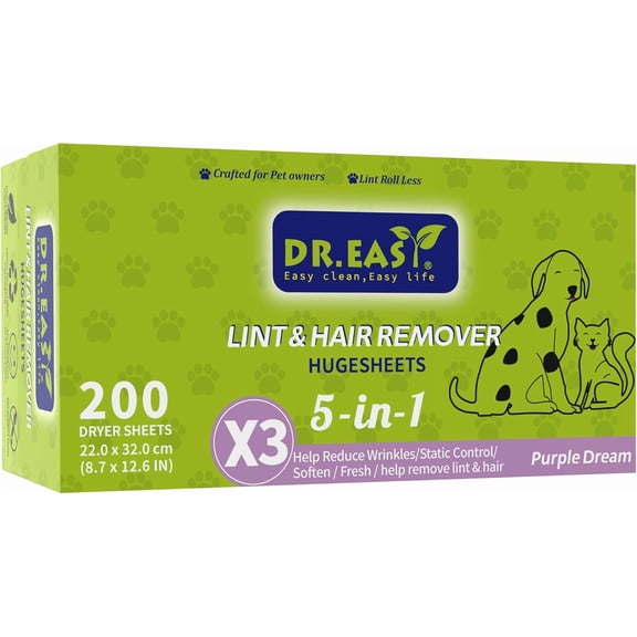 Dr.Easy LINT & HAIR REMOVER Pet HUGESHEETS with 3X Dryer Sheets, Lavender Fresh, 200 Count,PLANT&MINERAL-BASED FORMULA