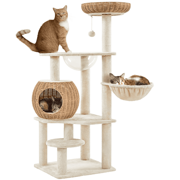 Yaheetech 54" Tall Rattan Cat Tree with Soft Cushion, Beige