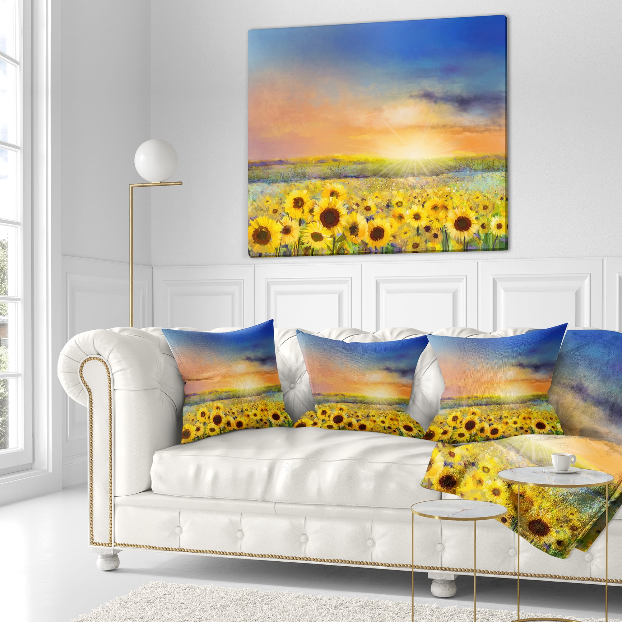 Designart Sunset over Golden Sunflower Field - Floral Throw Pillow - 16x16