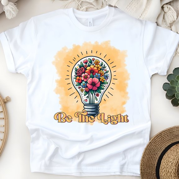 Christian Be The Light Graphic T-Shirt with Floral Light Bulb Design, White, Size S