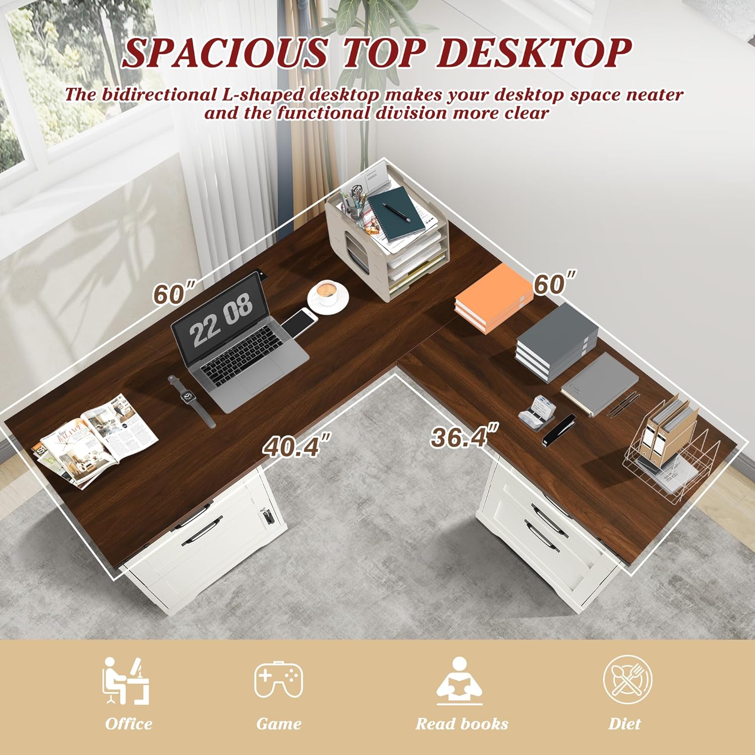 Grepatio 60" Farmhouse L Shaped Desk with Drawers, Executive Desk with Storage, Home Office Corner Desk with Charging Station, 2 Person Computer Writing Desks, Key Lock Filing Cabinet (Antique White)