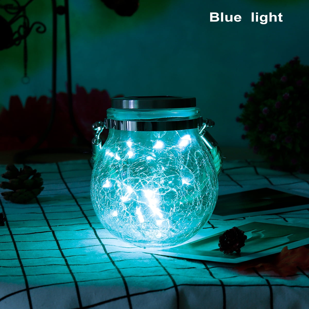 Hanging Solar Powered Crackle Glass Globe Lights LED Lantern String