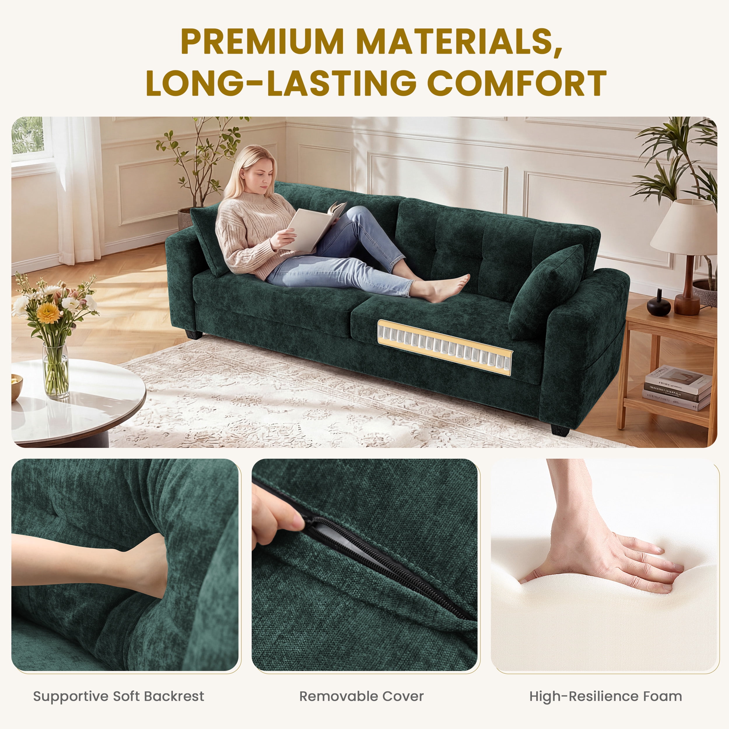 WISHEAD 87" Large 3 Seater Sofa Couch for Living Room, Office, Oversized Couches with Extra Deep Seat, USB Charging Port, 2 Pillows, Dark Green