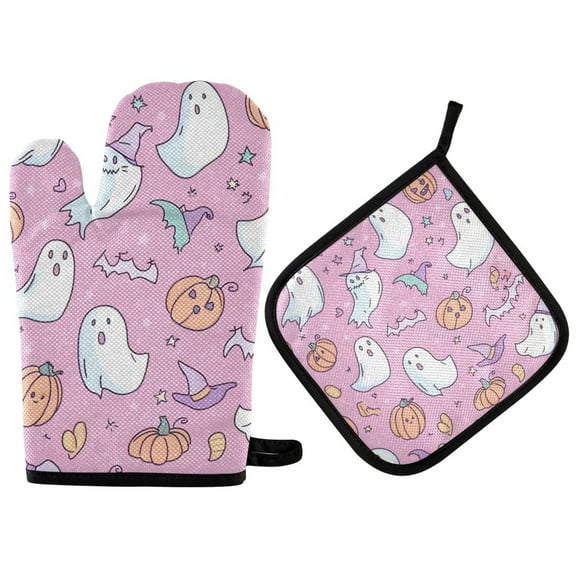 Yayeee Oven Mitts and Pot Holder Set of 2 Heat Resistant Kitchen Gloves Baking Hot Pad, Purple Halloween