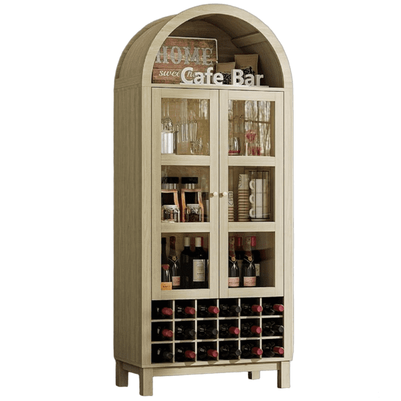 70" Tall White Engineered Wood Arched Wine Cabinet with 18-Bottle Rack
