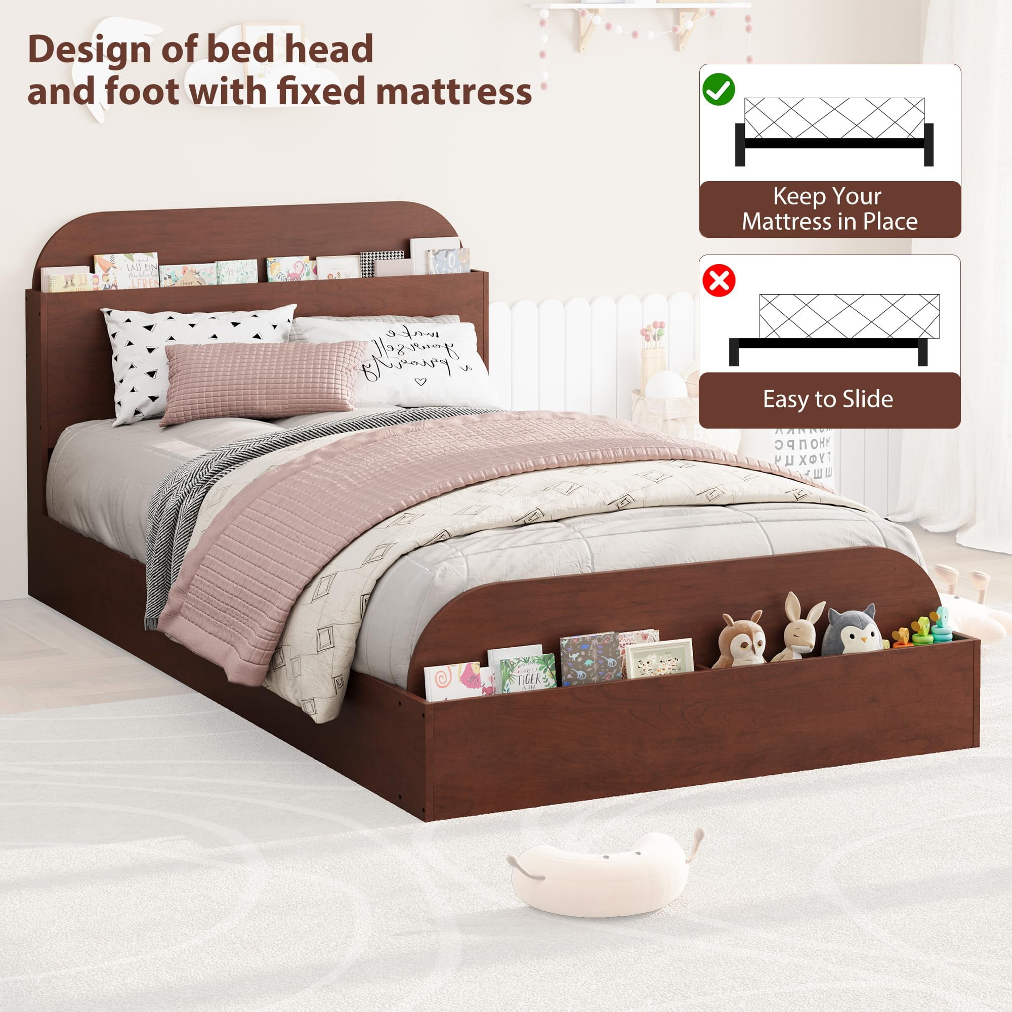 Twin Size Wooden Platform Bed Frame with Storage Headboard & Raised Footboard - Low Floor Bed, Heavy Duty & Noise-Free, No Box Spring Needed, Espresso