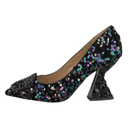 YDN Women Rhinestone Studded Buckle Pumps Slip On Crystal Chunky High Heels Closed Pointed Toe Office Shoes Size 4 Multi Paillette