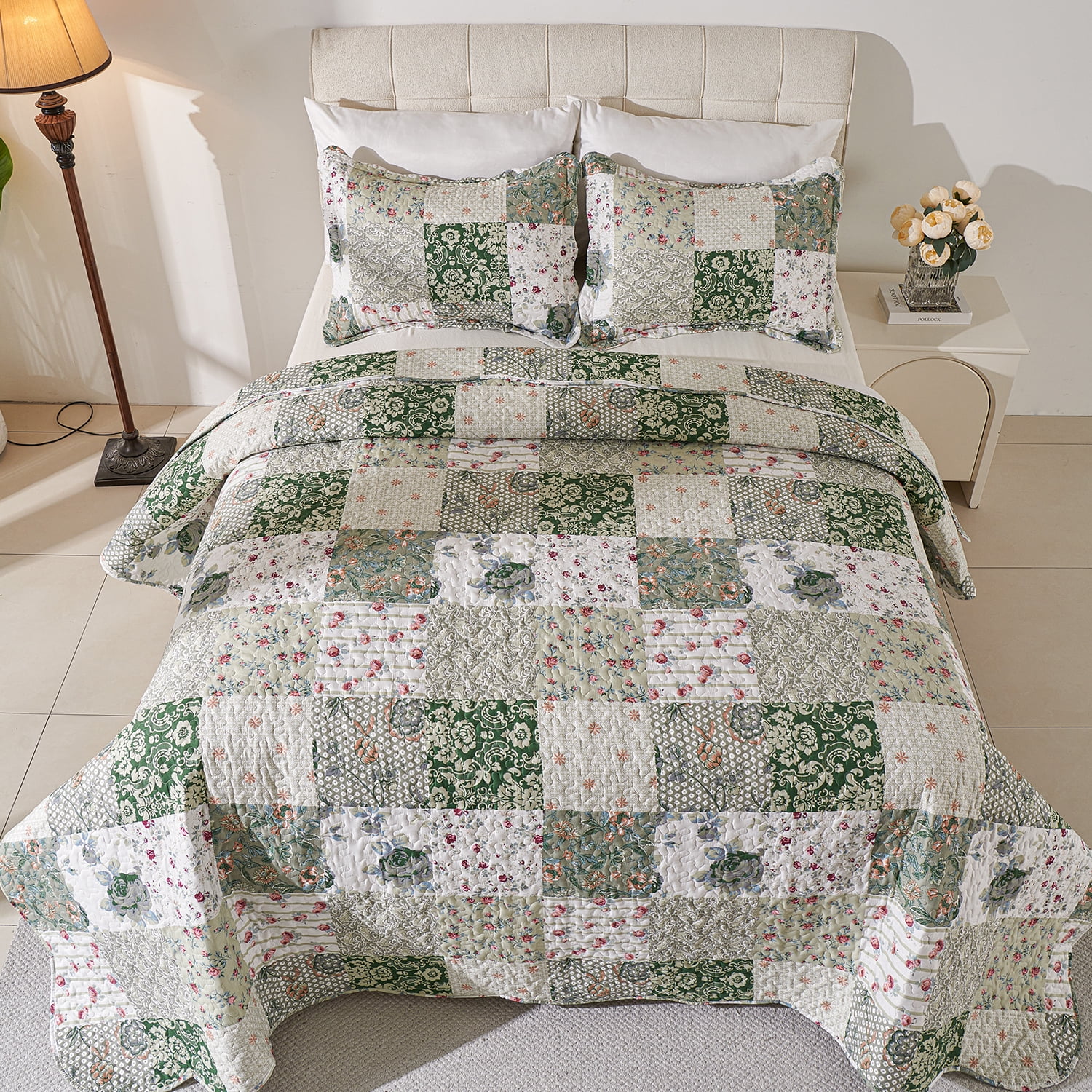 Evenhug Quilts 3-Piece King Bedding Set Green Patchwork Floral Quilt Set With Shams