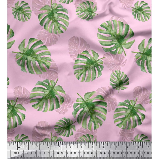Soimoi Pink Rayon Fabric Monstera Leaves Print Fabric by Yard 58 Inch Wide