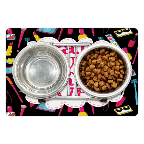 Saying Pet Mat for Food and Water, Witty Lettering Wake Make Cosmetic Lipstick Mascara and Nail Polish, Non-Slip Rubber Mat for Dogs and Cats, 18" X 12", by Ambesonne