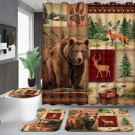 FRAMICS 16 Pc Rustic Bear Shower Curtain Sets with Rugs, Farmhouse Country Cabin Bathroom Sets, Brown Deer Waterproof Fabric Shower Curtain with 12 Hooks and Toilet Rugs