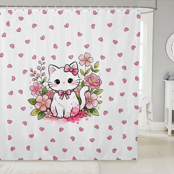 Manfei Bowknot Kitten Shower Curtain 72Wx72L, Cartoon Blossoms Flower Bathroom Curtain, Pink